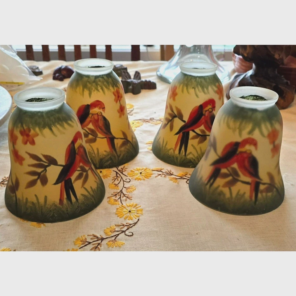 Vtg American Art Glass Shade  Antique Perching Parrots Hand Painted - Image 1 of 4