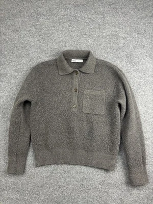 Suéter Zara Mujer Pequeño Marrón Gris Cuello Polo Tejido Pullover Bolsillo Suave Foto 1 de 4