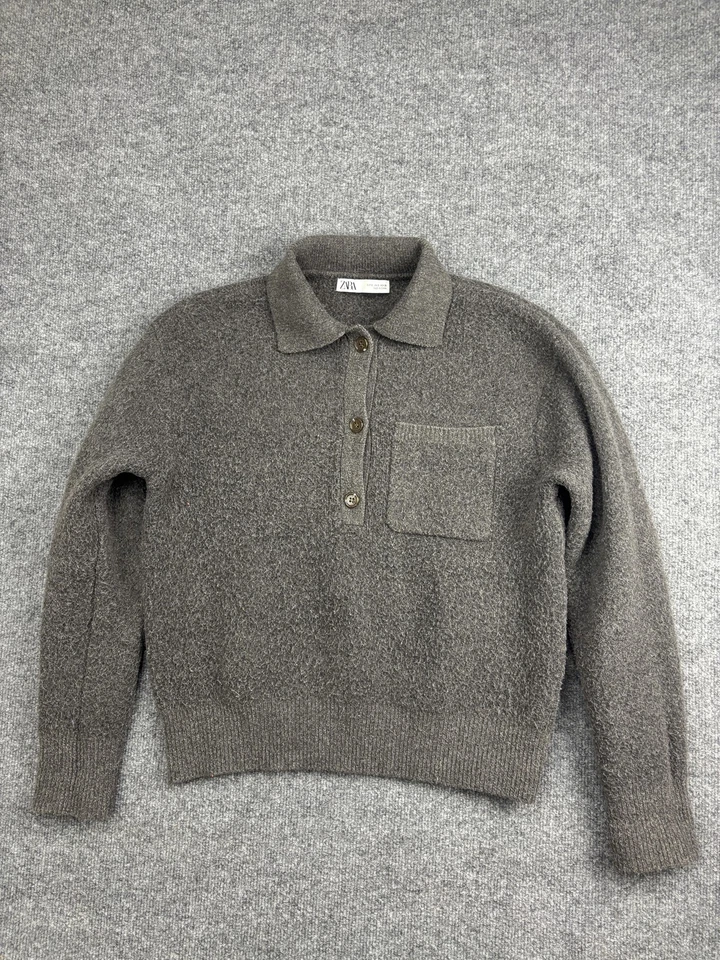 Suéter Zara Mujer Pequeño Marrón Gris Cuello Polo Tejido Pullover Bolsillo Suave Foto 1 de 4