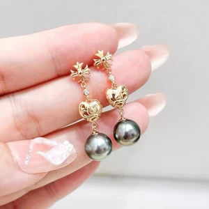 stunning9-10mm tahitian round black green pearl dangle earring 925s(t) - Picture 1 of 3