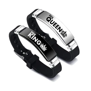 2 Pcs/Set His Queen Her King Couple Bracelet Stainless Steel Adjustable Silicone - Picture 1 of 19