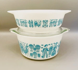 2 PYREX Amish Butterprint Cinderella Casseroles White Turquoise 471 473 & 1 Lid - Picture 1 of 16