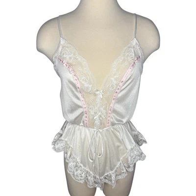 Vintage Frederick's of Hollywood White Nylon Lace Pink Ribbon Top Lingerie Sz M - Image 1 of 4
