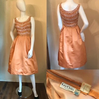 VINTAGE 1950’s 60’s LEE CLAIRE New York Orange Satin Sequin Cocktail Dress S - Image 1 of 4