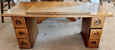 ANTIQUE CARVED QUARTER SAWN OAK SEWING CABINET REPURPOSED INTO A COFFEE TABLE Cover