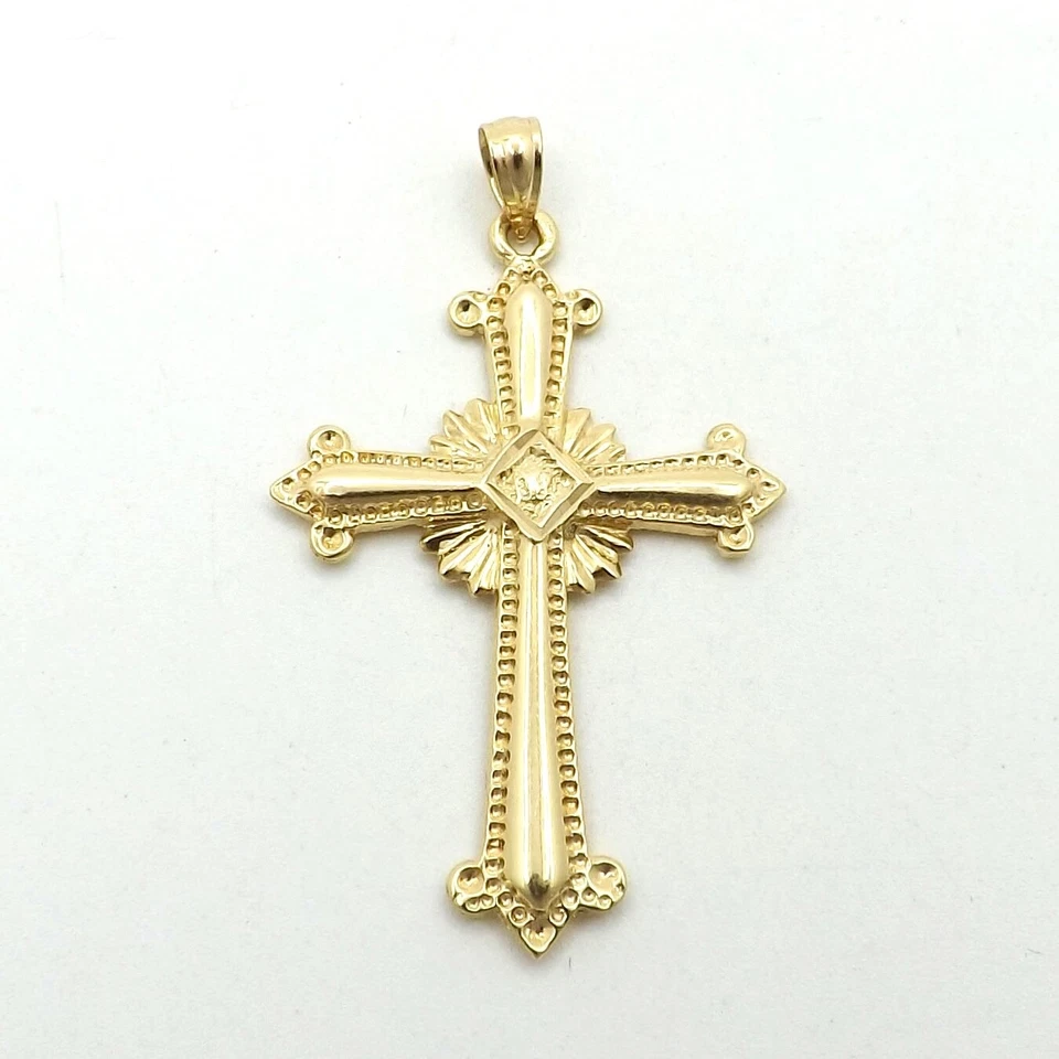 14k Beverly Hills Gold Budded Fleur de Lis Cross Charm Pendant Large New - Image 1 of 1
