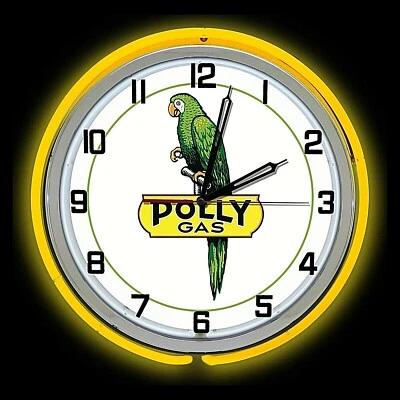 19" Polly Gas Bird White Sign Yellow Double Neon Clock Chrome Case Gasoline Oil - Image 1 of 2