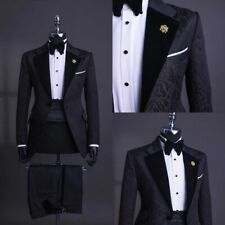 Black Floral Suits for Mens Wedding Groom Wear Jacket Pant Vest Regular Fit 2pcs