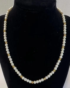 Vintage Classic White Small Faux Pearl w Gold Color Accents Necklace - 18” - Picture 1 of 6