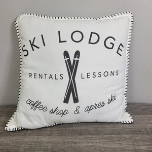 Ski Lodge Winter Coffeshop Black and White Square Throw Pillow - Picture 1 of 6