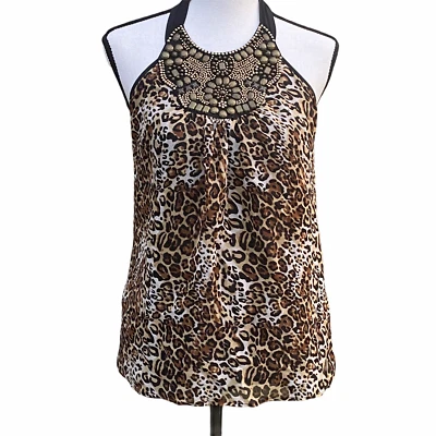 Top Bebe Mujer Talla S Marrón Estampado Animal Sin Mangas Acentos 100% Seda Foto 1 de 4