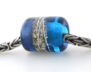 Dark AQUA BLUE and SAPPHIRE * FINE SILVER European Charm lampwork bead TANERES - Picture 1 of 2