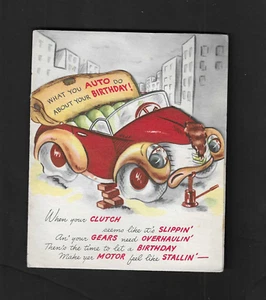 Vintage 50er Vergissmeinnicht Gruß AUTO ÜBER DEINEN GEBURTSTAG Karte Autobatterie Bremsen - Bild 1 von 3