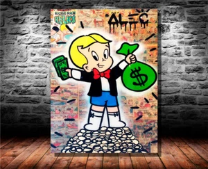 STRETCHED PRINTS ON CANVAS MONOPOLY BOY DOLLARS COMIC DECOR GAME ART FRAMED - Picture 1 of 2