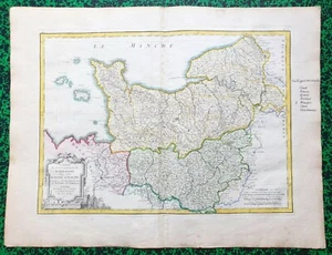XVIII ème- Gouv. Normandie & Maine & Perche - Rare Carte par Bonne 51x39 cm 1771 - Picture 1 of 3