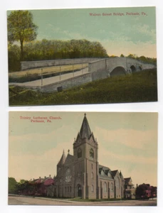 2 postales vintage de PERKASIE PA - PUENTE DE NOGAL ST E IGLESIA LUTERANA TRINIDAD - Imagen 1 de 2