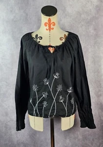 Josephine Chaus Women 10 Black White Cotton Peasant Blouse Tie Neck Long Slv EUC - Picture 1 of 10