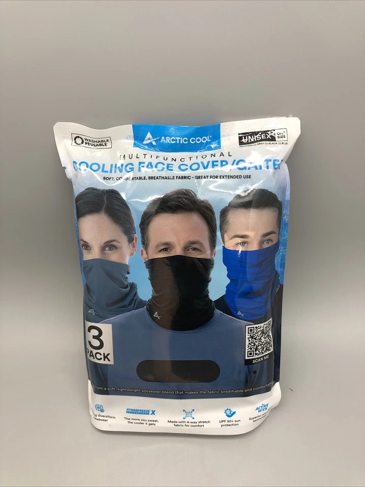 Arctic Cool Cooling Face Gaiter / Cover Unisex 3 Pack - Grey/Blue/Black