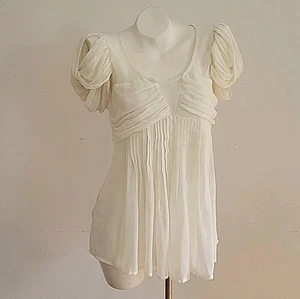 Forever That Girl Anthropologie Ruched Sheer Chiffon Puff Sleeve Babydoll Blouse - Picture 1 of 15