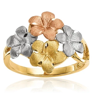 14K Solid Two Tone Gold 4 Hawaiian Plumeria Flower Ring - Picture 1 of 11