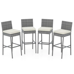 4 PCS Patio Wicker Barstools Bar Height Chairs W/ Cushions Backyard Off White - Picture 1 of 9