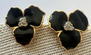 Clip-On Earrings Flower Gold Tone & Black Rhinestone Center VTG 1980s QVC NOS - Picture 1 of 9