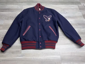 Vintage Varsity Jacket Eagle Patch Navy Blue Made in USA Golden Bear M Snap - Picture 1 of 11
