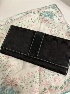 Cartera Coach Negra Signature C Lona y Cuero Borde Rayas Larga Tarjeta de Crédito - Imagen 1 de 6