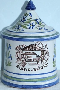 Vintage French Alpine 'Auberge d'Anglefort' Lidded Floral Illustrated Canister - Picture 1 of 10