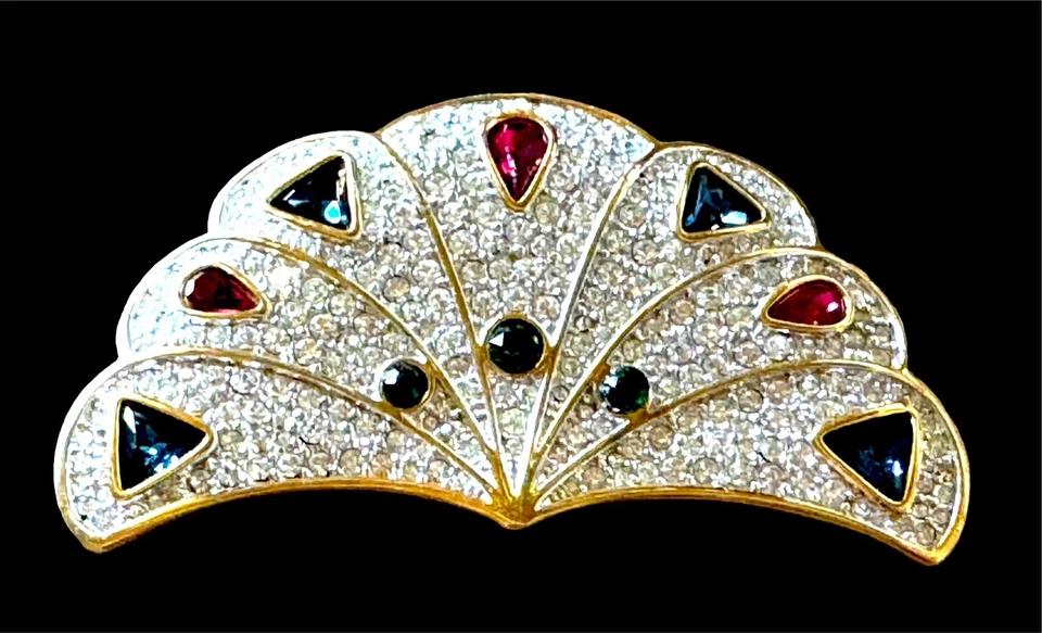 EXQUISITO BROCHE ABANICO PLUMA PAVÉ MULTICOLOR SWAROVSKI 18K GP DIAMANTES DE IMITACIÓN PAVO REAL Foto 1 de 4