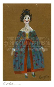 Holzzapfen Puppe blaues Kleid = signiert KUNSTDRUCK rustikal rot blau Dame Spielzeug - Bild 1 von 12