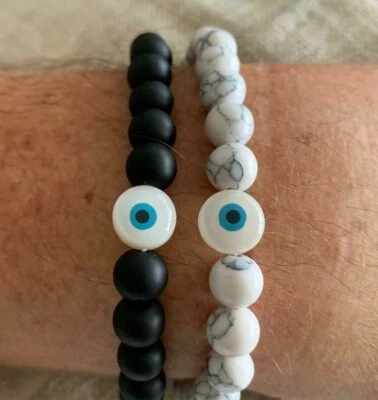 Evil Eye Bracelet Black Onyx Stone Men Stretch Elastic Howlite Large UnisexWomen - Image 1 of 4