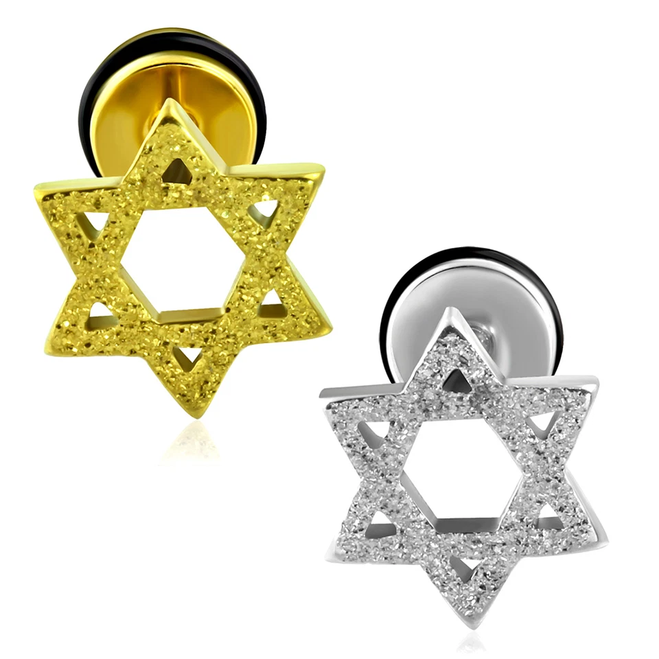 Falso Orecchini Spina Piercing Acciaio Inox Stella di David Sabbiato Argento Oro - Immagine 1 di 1