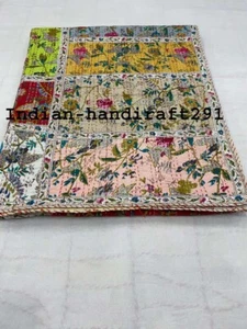 Indian Kantha Quilt Block Printed Blanket Cotton King Size Bedspread Handmade - Picture 1 of 3