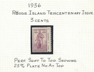 RARE 1936 RHODE ISLAND TERCENTENARY MNH STAMP WITH 25% PERF SHIFT  - Picture 1 of 1