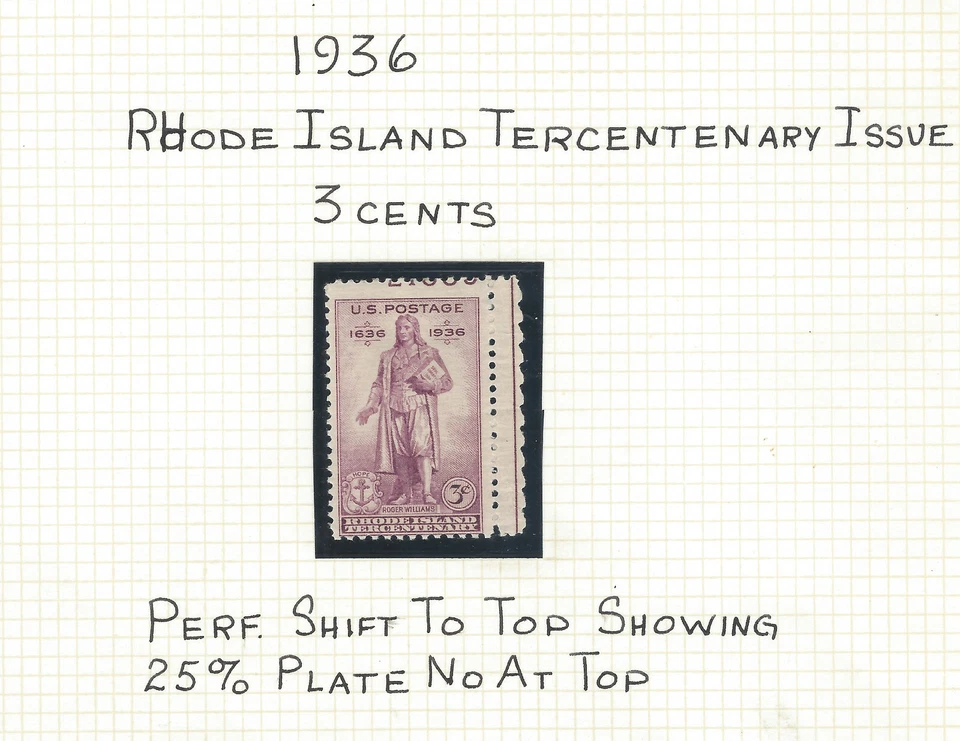 RARE 1936 RHODE ISLAND TERCENTENARY MNH STAMP WITH 25% PERF SHIFT  - Image 1 of 1
