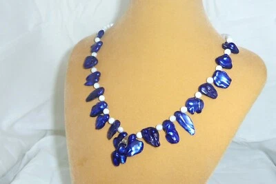 Collar de perlas blancas barrocas y redondas azul cobalto hecho a mano joyería N178 Foto 1 de 3