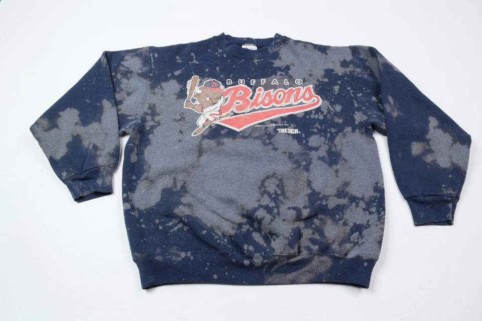 Vintage Buffalo Bisons Sweater Adult Large Blue Distressed Crew Distressed 1991 - Image 1 of 4