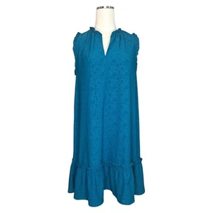 Michael Kors Blue Eyelet Ruffle Hem Sleeveless Dress XL Boho Resort Summer - Picture 1 of 15