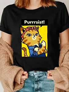 Women's Casual Crew Neck T-shirt with Fun Cat Print and Loose Fit - Picture 1 of 12