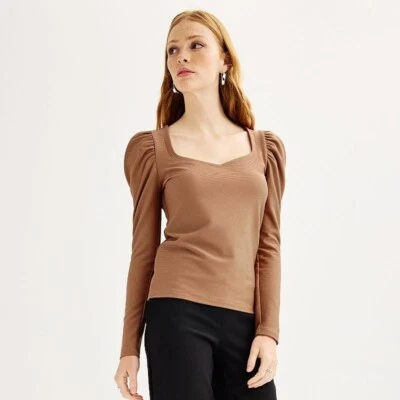 Nine West Womens Brown Sweetheart Neckline Long Puff Sleeve Blouse Size XS NWT - Image 1 of 4