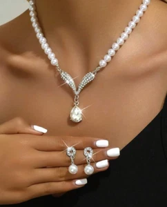 White Bead Pearl Necklace Crystal Rhinestone Earrings Jewelry Set Formal Wedding - Picture 1 of 12