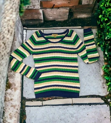 PECK & PECK Navy Blue Green Beige STRIPED Sweater Knit Lightweight Womens MEDIUM - Image 1 of 4