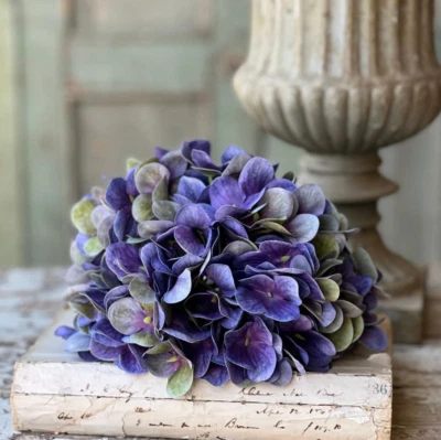 NEW! Purple Hydrangea Stem Large Pom-Pom Flower Head Green & Purple Petals 22"H - Image 1 of 3