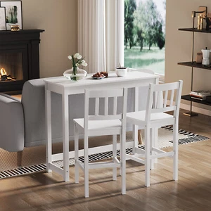 White Breakfast Kitchen Bistro Bar Dining Table and 2 Chairs Set Solid Pine Wood - Picture 1 of 12