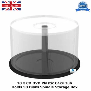 10 x CD DVD Plastic Cakebox for Holds 50 Disks New Transparent Black Bottom Tubs - Picture 1 of 12
