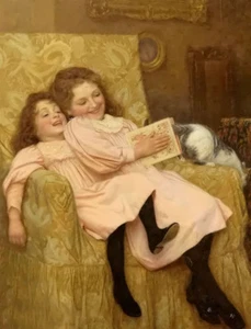 Oil painting william henry gore - teasing the cat young girls playing with cat - Picture 1 of 1