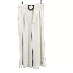 Willow White Pants Linen Blend Pleated Belted Wide-Leg Womens Pants Medium New - Picture 1 of 6