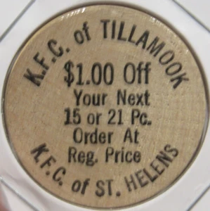 Vintage Kentucky Fried Chicken St. Helens Tillamook, OR Wooden Nickel - Oregon - Picture 1 of 2