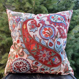 Boho Bohemian Hand Embroidered Needlepoint Suzani Throw Decor Pillow 18" x 18" - Picture 1 of 9